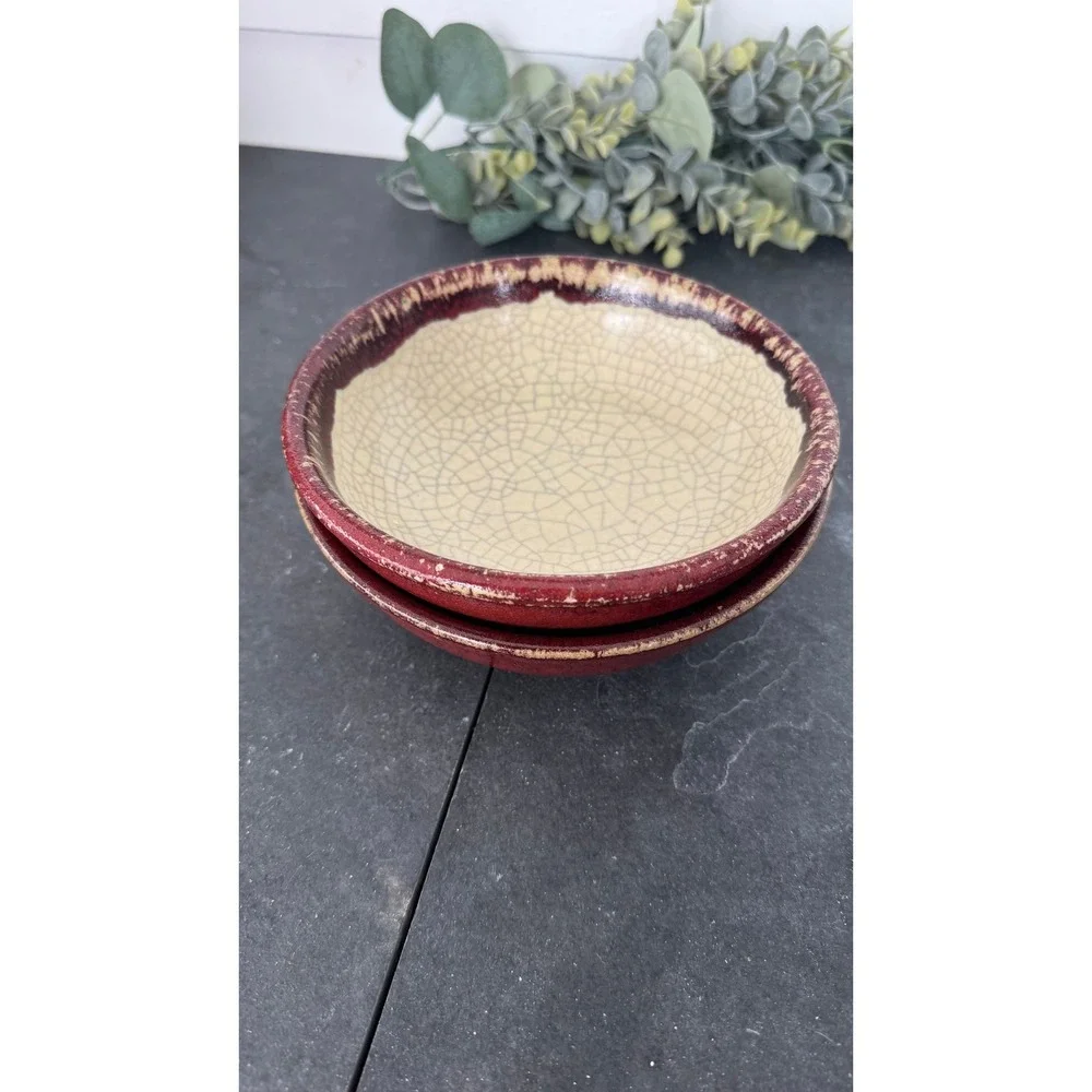 Two Pier 1 Crackle Collection cereal bowl red discontinued vintage pottery